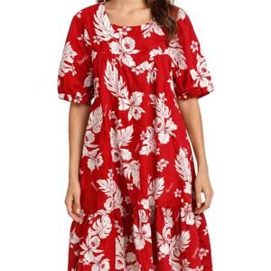 Vintage Helena's Mumu Floral Midi Dress Hawaiian Tropical Puff Sleeve Red Medium